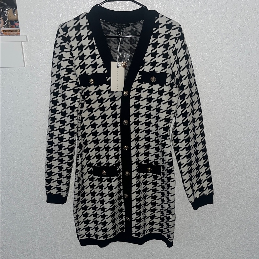 Black & White Houndstooth Long Cardigan Sweater Dress, NWT!